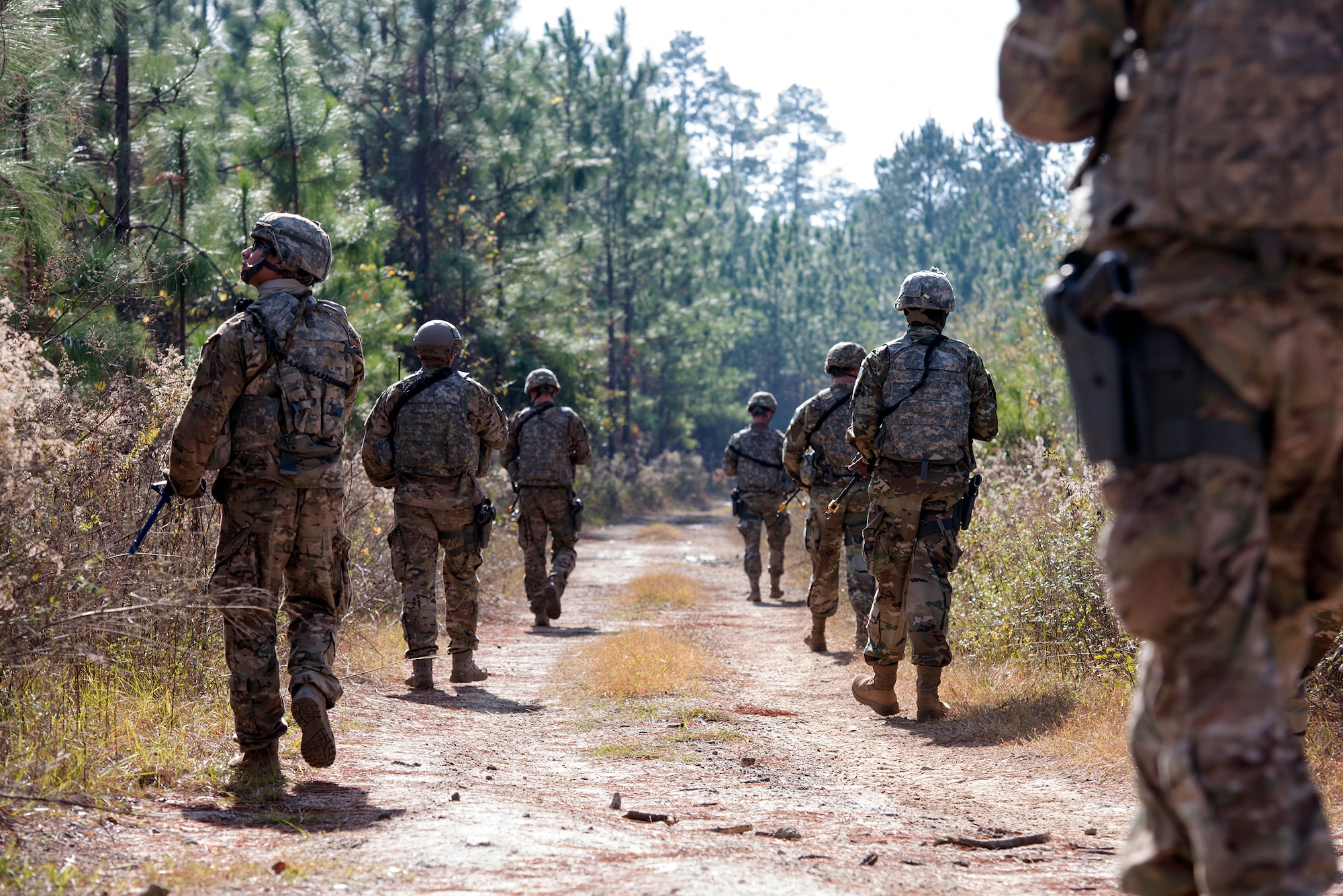 Fire team members from the 93d Air Ground Operations Wing’s 824th Base Defense Squadron participate in dismount training, Dec. 8, 2016, at Moody Air Force Base, Ga. Airmen were tasked with neutralizing mock insurgents and finding improvised explosive devices during the training. (U.S. Air Force photo by Airman 1st Class Greg Nash)