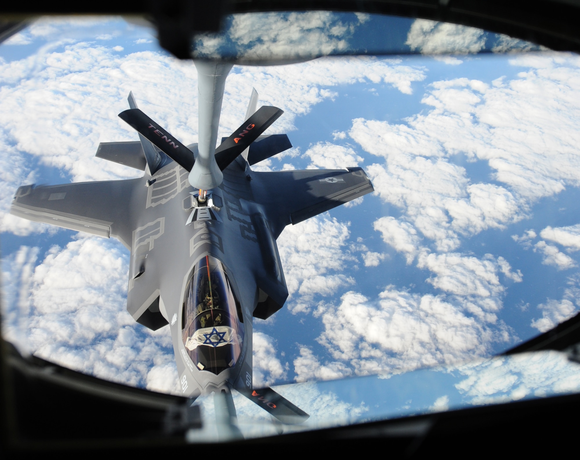 An Israeli F-35 “Adir” receives fuel from a Tennessee Air National Guard KC-135 as the aircraft make the flight across the Atlantic, Dec, 6, 2016. The U.S.-made F-35s will be Israel’s first fifth generation fighter aircraft and were refueled multiple times while en route to ensure their safe delivery to Israel. (U.S. Air Force photo by 1st Lt. Erik D. Anthony)
