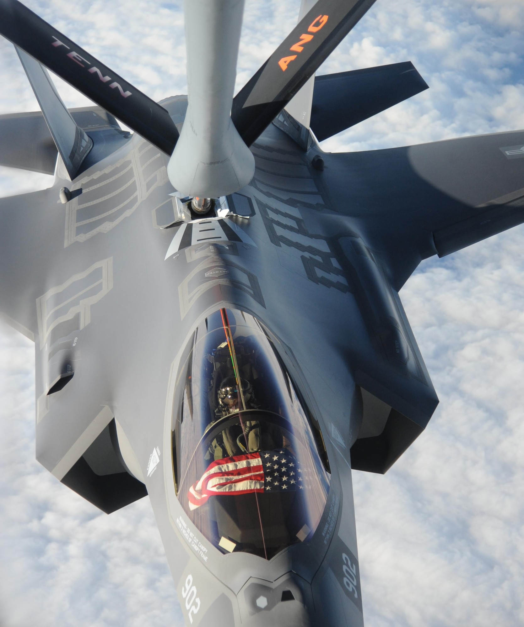 The boom from a Tennessee Air National Guard’s KC-135 transfers fuel to one of Israel’s first F-35s as the aircraft make the flight across the Atlantic, Dec, 6, 2016. The F-35s were refueled multiple times while en route to ensure their safe delivery to Israel. (U.S. Air Force photo by 1st Lt. Erik D. Anthony)