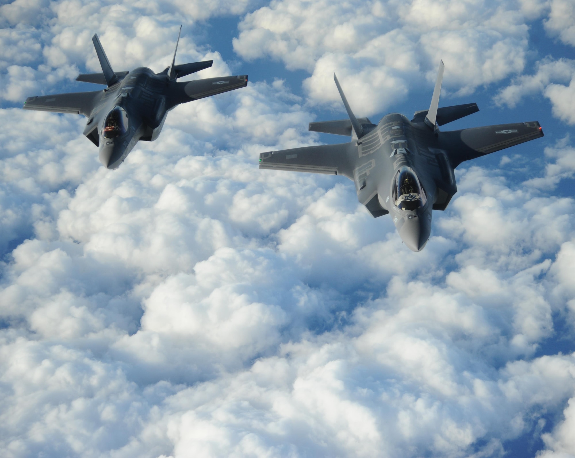 Two Israeli F-35 “Adirs” fly in formation and display the U.S. and Israeli flags after receiving fuel from a Tennessee Air National Guard KC-135, Dec, 6, 2016. The U.S. and Israel have a military relationship built on trust developed through decades of cooperation. (U.S. Air Force photo by 1st Lt. Erik D. Anthony)