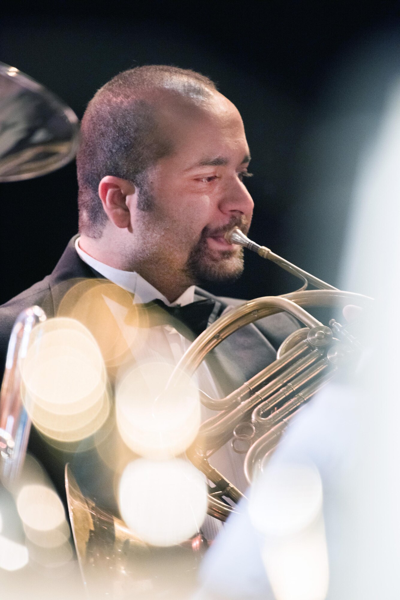 Wayne Vanlui, a French horn player with the U.S. Air Force Band of the Golden West from Travis Air Force Base, Calif., performs during a concert at the Veteran’s Home in Yountville, Calif., Dec. 5, 2016. The performance was part of the band’s annual holiday concert series. This year the band performed six shows over six days at five venues entertaining more than 10,000 people. (U.S. Air Force photo/Louis Briscese)