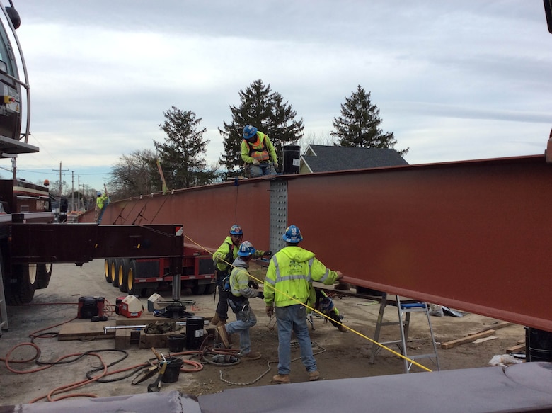 On Friday December 12th, crews finished placement of the six 150 foot main beams of the new Delaware City Bridge. The U.S. Army Corps of Engineers' Philadelphia District and its contractor began demolition of the Route 9 bridge at Delaware City in October of 2016 and is now in the construction phase of bridge replacement (Photo by Tim Boyle).