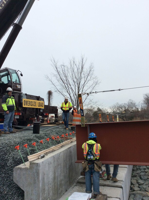 On Friday December 12th, crews finished placement of the six 150 foot main beams of the new Delaware City Bridge. The U.S. Army Corps of Engineers' Philadelphia District and its contractor began demolition of the Route 9 bridge at Delaware City in October of 2016 and is now in the construction phase of bridge replacement (Photo by Tim Boyle).