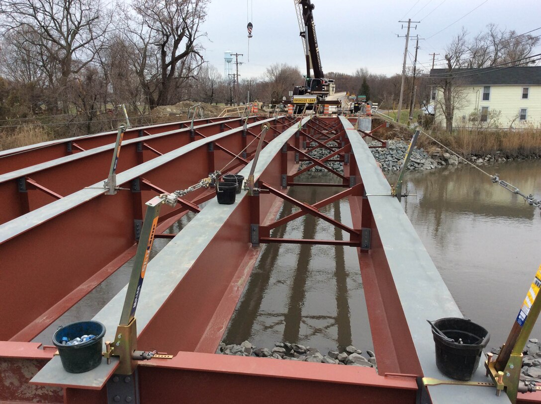 On Friday December 12th, crews finished placement of the six 150 foot main beams of the new Delaware City Bridge. The U.S. Army Corps of Engineers' Philadelphia District and its contractor began demolition of the Route 9 bridge at Delaware City in October of 2016 and is now in the construction phase of bridge replacement (Photo by Tim Boyle).