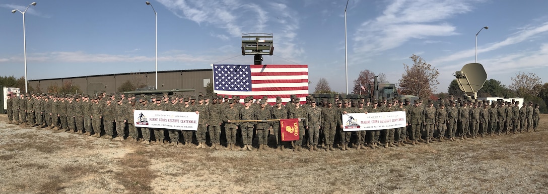 Marines with Combat Logistics Regiment 45, Combat Logistics Battalion 451, 4th Marine Logistics Group, pose with the Marine Corps Reserve Centennial banner in Marietta, Ga., Nov. 19, 2016. Today, approximately 500 Reserve Marines are providing fully integrated operational support to Fleet and Combatant Commanders around the world. For more information on the history and heritage of Marine Forces Reserve as well as current Marine Corps stories and upcoming Centennial events, please visit www.marines.mil/usmcr100.