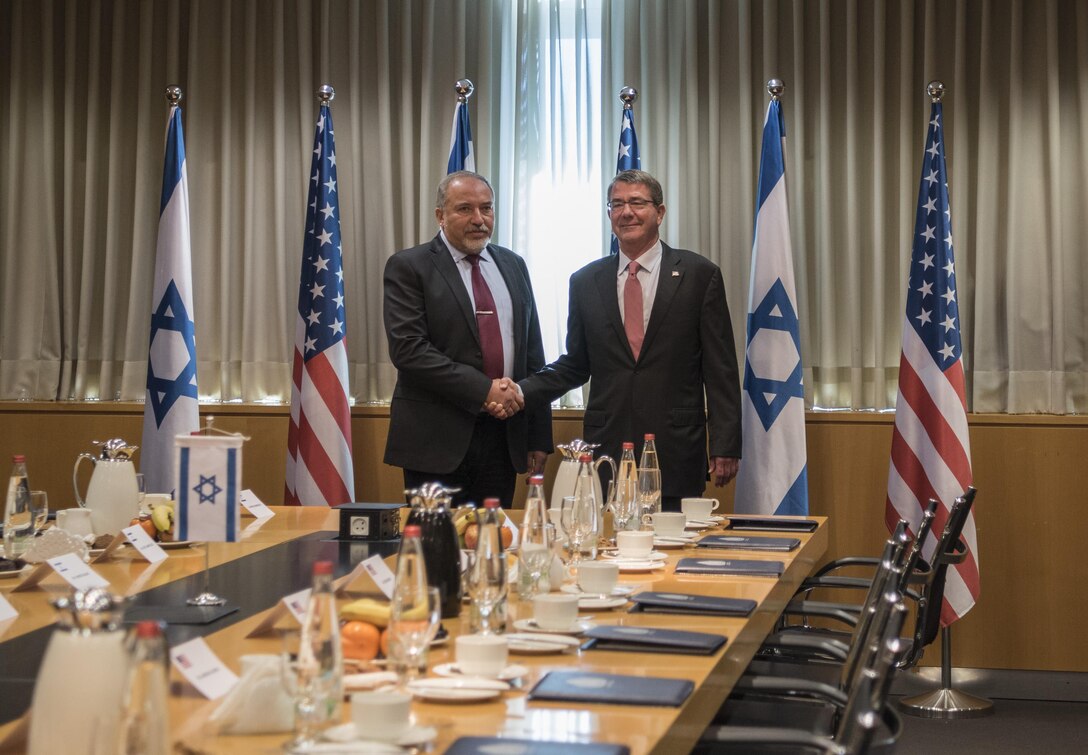 Secretary of Defense Ash Carter meets with Israeli Defense Minister Avigdor Lieberman in Tel Aviv, Israel, Dec. 12, 2016. DoD photo by Air Force Tech. Sgt. Brigitte N. Brantley