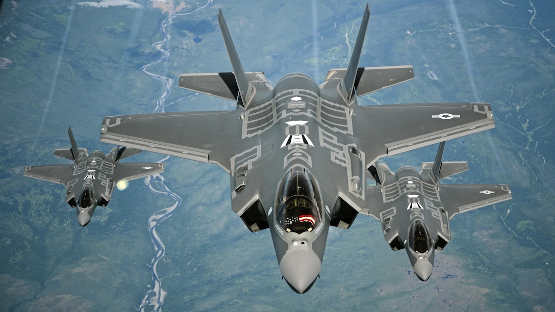 F-35A Lightning II aircraft, similar to the first two stealth fighters that arrived in Israel Dec. 12, 2016, receive fuel from a KC-10 Extender from Travis Air Force Base, Calif., July 13, 2015, during a flight from England to the United States. Air Force photo by Staff Sgt. Madelyn Brown