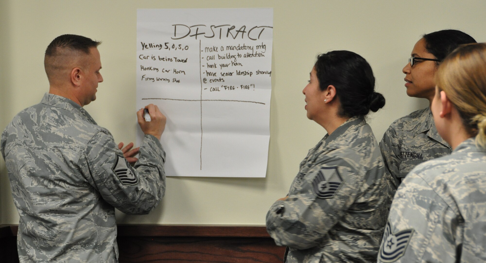 Master Sgt. Jeffrey Madison, Master Sgt. Vianca Contreras, Master Sgt. Tainell and Tech. Sgt.  Corrin Pardaen  jots down suggestions to distract someone who appears intent on causing harm to another person during a Green Dot exercise at the Group's MUTA held Dec. 1-2 at Joint Base San Antonio-Randolph, Texas (Photo by Janis El Shabazz).
