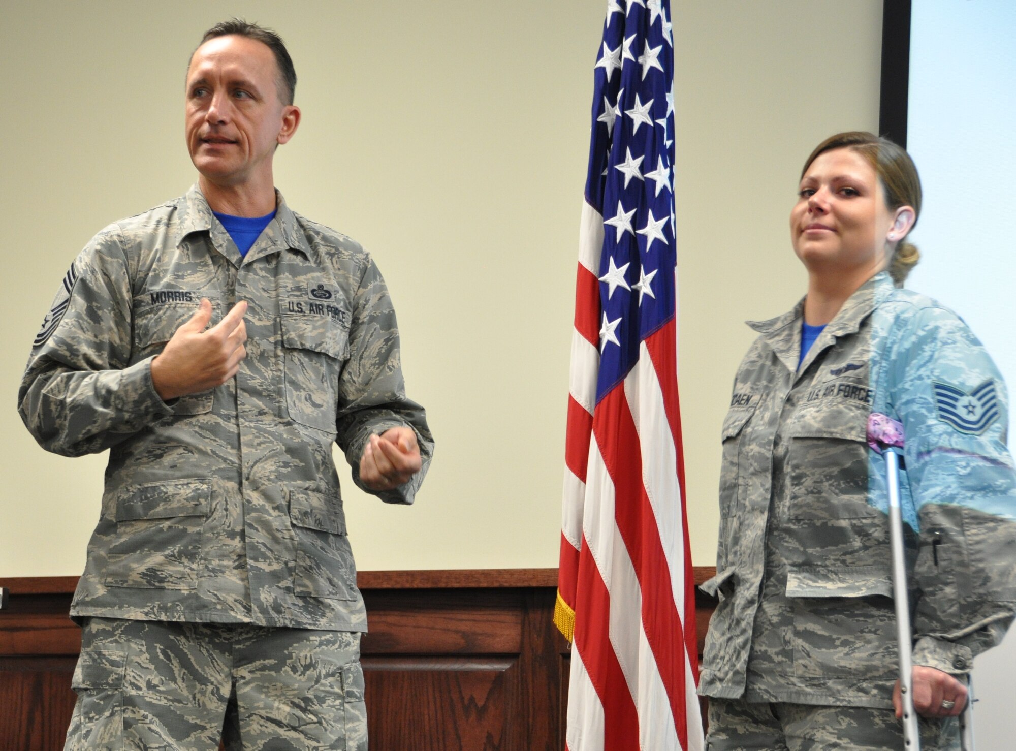 Tech. Sgt. Corrin receives recognition and congratulations for the work she did to organize and manage the events  for the Air Force Reserve Command's Senior NCO Leadership Development Course held here Nov. 4-5 (Photo by Janis El Shabazz).