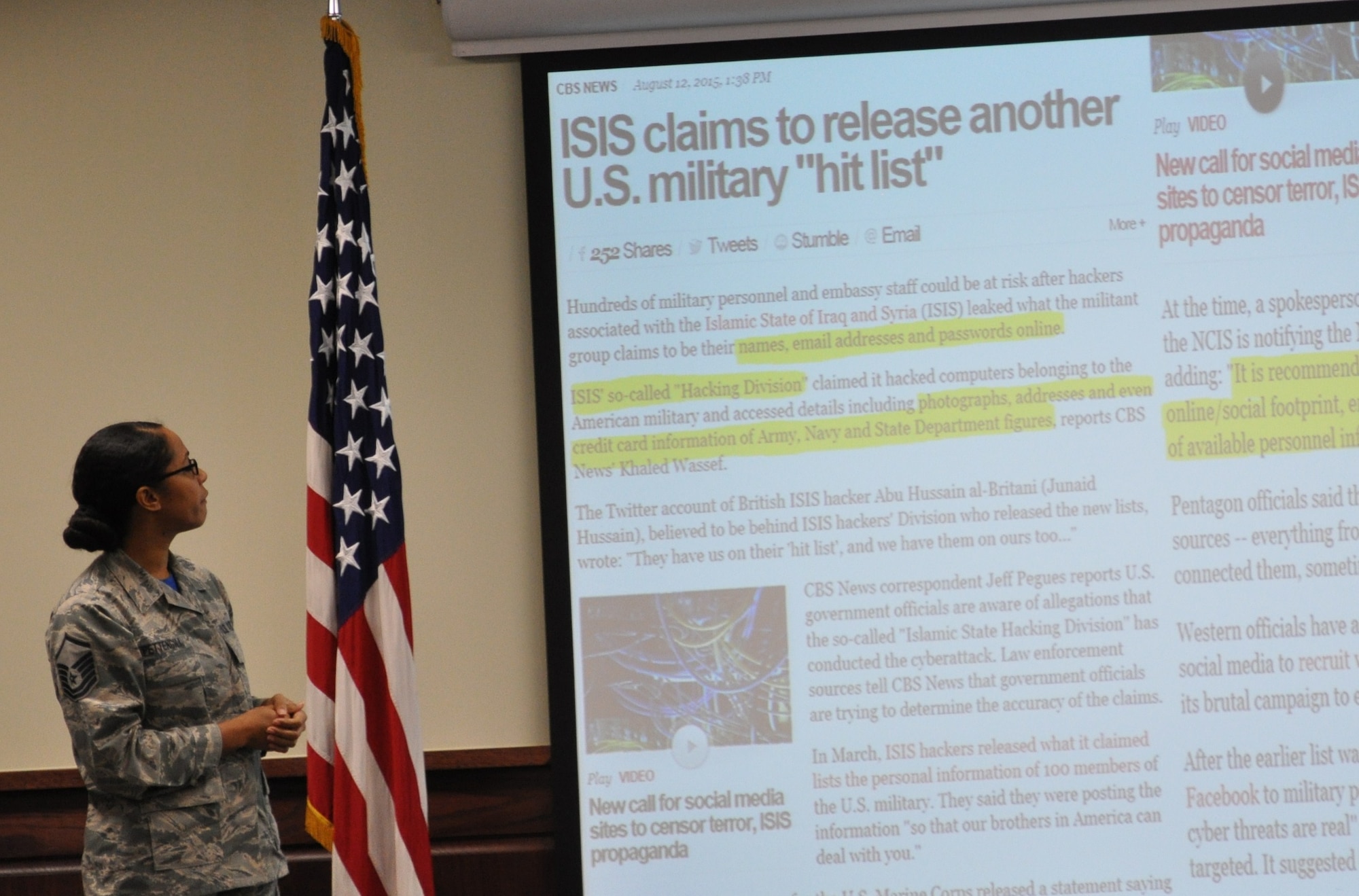 Master Sgt. Tainell Pettengill, presents a brief on cyber awareness during the 340 Flying Training Group’s Dec. 1 MUTA at Joint Base San Antonio-Randolph, Texas (Photo by Janis El Shabazz).