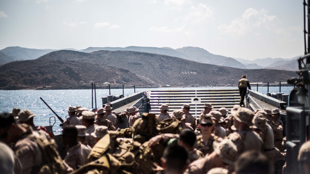 U.S. 5TH FLEET AREA OF OPERATIONS (Dec. 8, 2016) U.S. Marines with Company C, Battalion Landing Team 1st Bn., 4th Marines, 11th Marine Expeditionary Unit (MEU), approach the shore aboard a Landing Craft Utility (LCU) to participate in Exercise Alligator Dagger, Dec. 8. The LCU can carry
approximately 350 Marines or 170 tons of cargo or vehicles from ship to shore. Exercise Alligator Dagger, a U.S. 5th Fleet exercise, is a sustainment exercise enabling Makin Island Amphibious Ready Group and 11th MEU to rehearse complex amphibious operations that keep their skills ready for crisis response and contingency operations throughout the Central
Command area of responsibility. 
