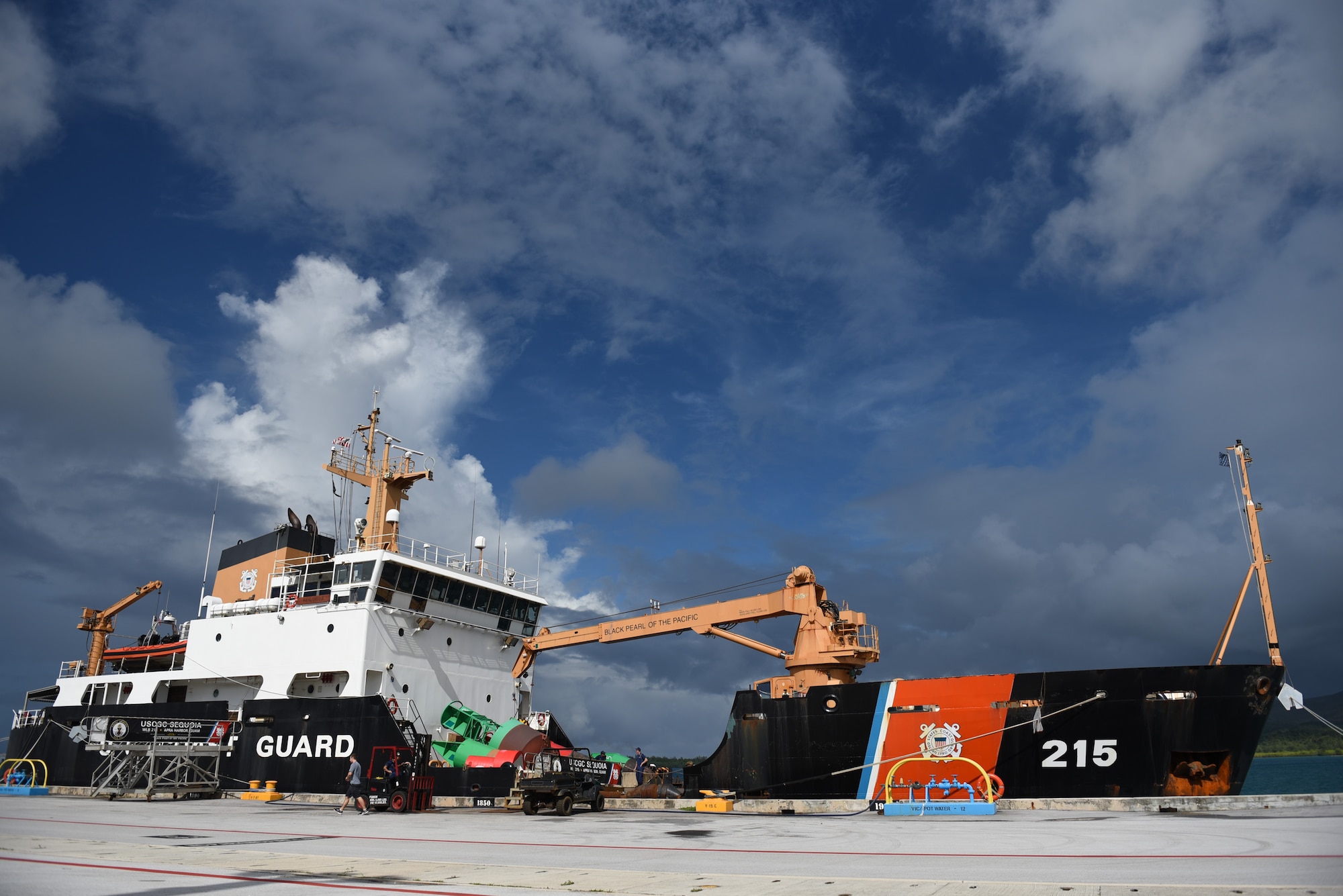The U.S. Coast Guard Cutter Sequoia rests in port at Apra Harbor, Nov. 22, 2016, at Naval Base Guam. The crew of the Sequoia participated in Operation Christmas Drop 2016 by delivering tools, toys, food and water to islands throughout the Pacific. (U.S. Air Force photo by Airman 1st Class Jacob Skovo)