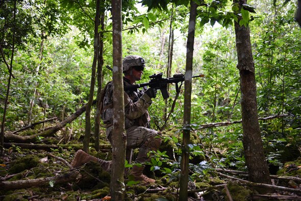 U.S. Army Sgt. Sania Leuelu, squad leader for 1st Squad, 1st Platoon, Alpha Company, 4th Battalion, 23rd Infantry Regiment, 2nd Stryker Brigade Combat Team, 2nd Infantry Division, treks through high brush during a squad live-fire exercise Nov. 18, 2016, at Andersen Air Force Base, Guam. The exercise assesses a squad’s ability to navigate, communicate and apply tactical and infantrymen skills to seize a bunker. (U.S. Air Force photo by Airman 1st Class Jacob Skovo)