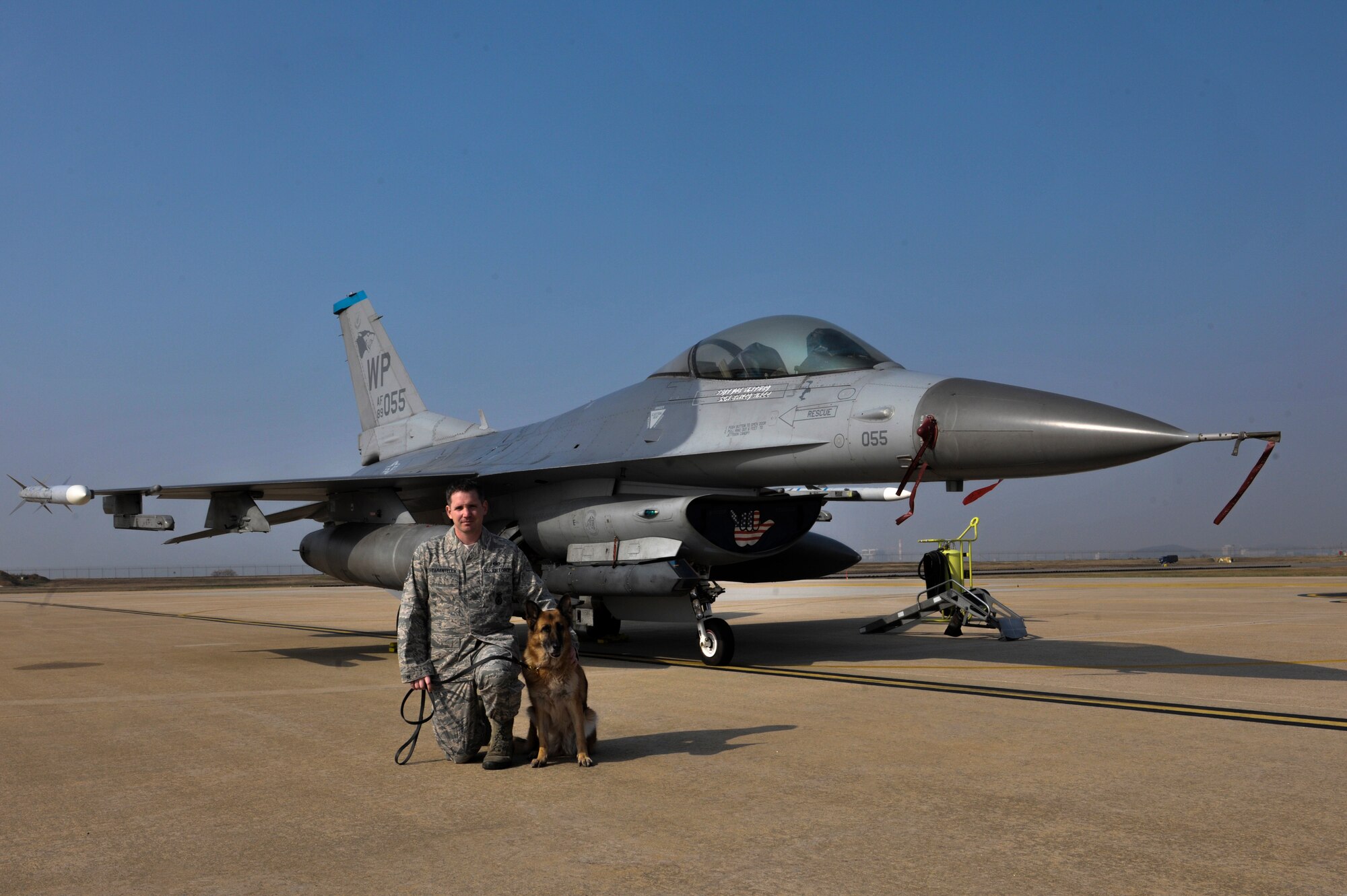 Staff Sgt. Bryan Tarantella, 8th Security Forces Squadron military working dog handler, kneels in front of an F-16 fighting falcon jet next to Stella, 8th SFS military working dog, on the flightline at Kunsan Air Base, Republic of Korea, Nov. 11, 2016. Tarantella has been a handler for 11 years and is getting ready to move to Joint Base San Antonio- Lackland. Stella has come to the end of her military service and will be retiring. Tarantella plans to adopt Stella after her retirement. (U.S. Air Force photo by Senior Airman Colville McFee/Released)