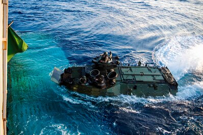 WATERS OUTSIDE OF OKINAWA, Japan (Oct. 30, 2016) An amphibious assault vehicle (AAV), assigned to 3rd Battalion, 3rd Marine Regiment, embarks the well deck of the amphibious transport dock ship USS Green Bay (LPD 20) during Blue Chromite 2017. Blue Chromite is a U.S.-only exercise, which strengthens the Navy-Marine Corps expeditionary, amphibious rapid-response capabilities based in Okinawa, Japan and the greater Indo-Asia-Pacific region. (U.S. Navy photo by Petty Officer 1st Class Chris Williamson/Released)