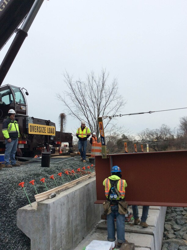 On Friday December 12th, crews finished placement of the six 150 foot main beams of the new Delaware City Bridge. Construction is expected to be complete in February 2017. The U.S. Army Corps of Engineers' Philadelphia District and its contractor began demolition of the Route 9 bridge at Delaware City in October of 2016 and is now in the construction phase of bridge replacement (Photo by Tim Boyle).