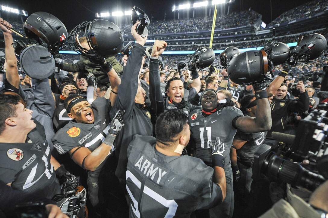 West Point cadets celebrate after the Army-Navy Game at M&T Bank Stadium in Baltimore, Dec. 10, 2016. Army won the game 21-17, breaking the Navy's 14-game winning streak. Navy photo by Petty Officer 2nd Class Danian C Douglas