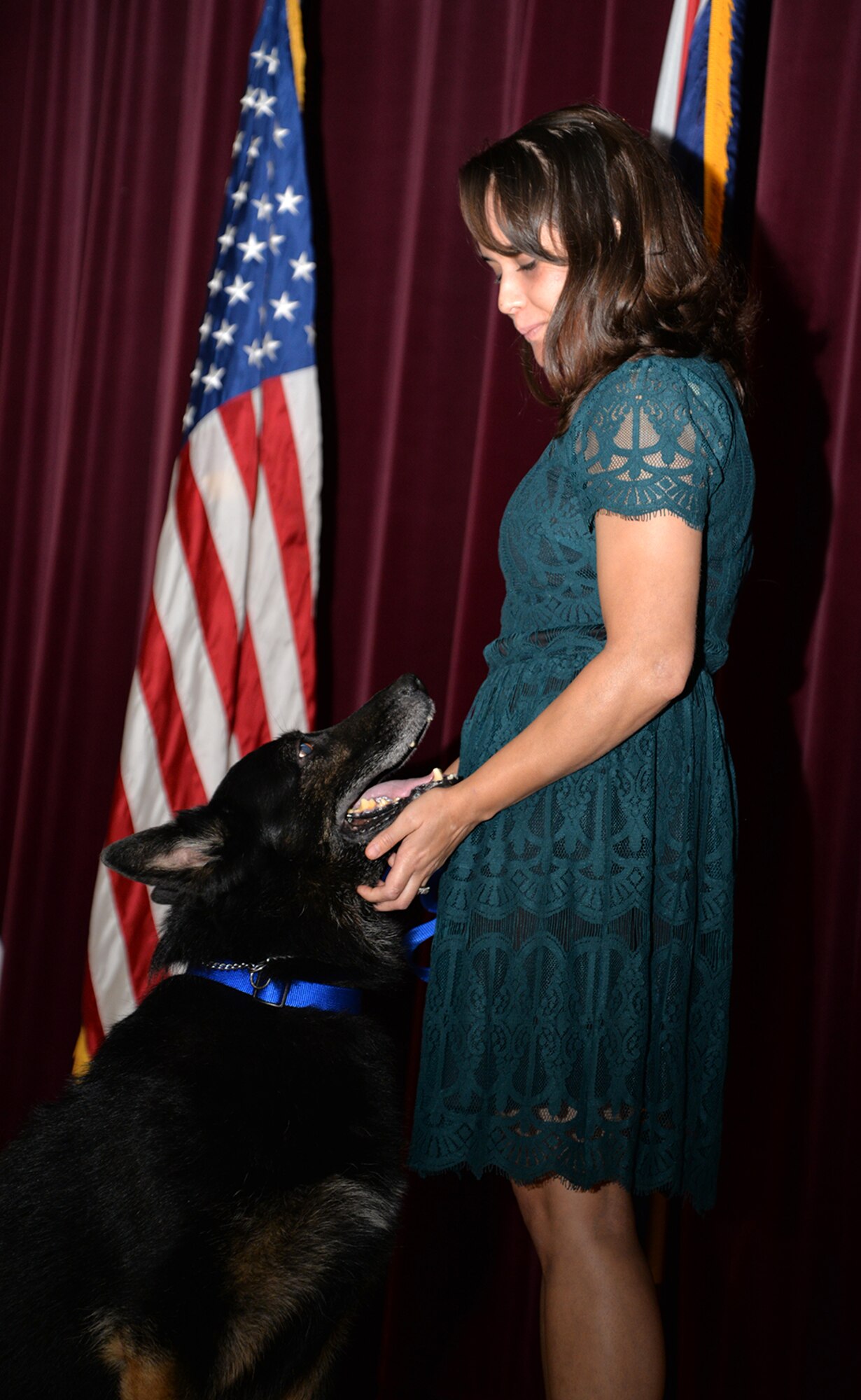 Joanne Montgomery, wife of Tech. Sgt. Daniel Montgomery, 100th Security Forces Squadron trainer, and new forever-owner of Military Working Dog Luc, gives him an affectionate tickle under the chin as the poem, “Guardians of the Night” is read at his retirement ceremony Dec. 12, 2016, on RAF Mildenhall, England. Luc has served seven-and-a-half years – more than 50 “dog years” – with the U.S. Air Force and has been adopted by the family who are part of his former squadron. (U.S. Air Force photo by Karen Abeyasekere)