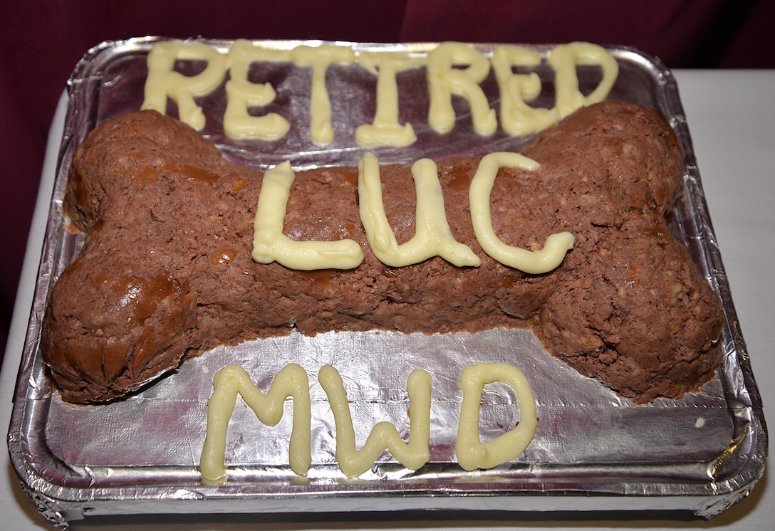 A special dog-food cake was made for Luc, former military working dog with the 100th Security Forces Squadron, for his retirement ceremony Dec. 12, 2016, on RAF Mildenhall, England. Luc has served seven-and-a-half years – more than 50 “dog years” -- with the U.S. Air Force and has been adopted by the family who are part of his former squadron. (U.S. Air Force photo by Karen Abeyasekere)