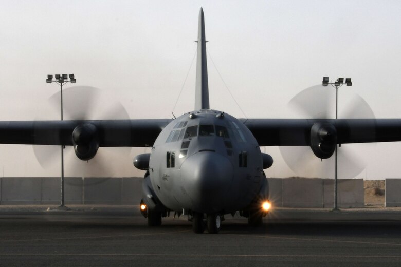 An EC-130H Compass Call prepares to taxi Dec. 5, 2016 at an undisclosed location in Southwest Asia. The Compass Call employs a crew of roughly a dozen Airmen working together to jam Da’esh communications. (U.S. Air Force photo/Senior Airman Andrew Park)