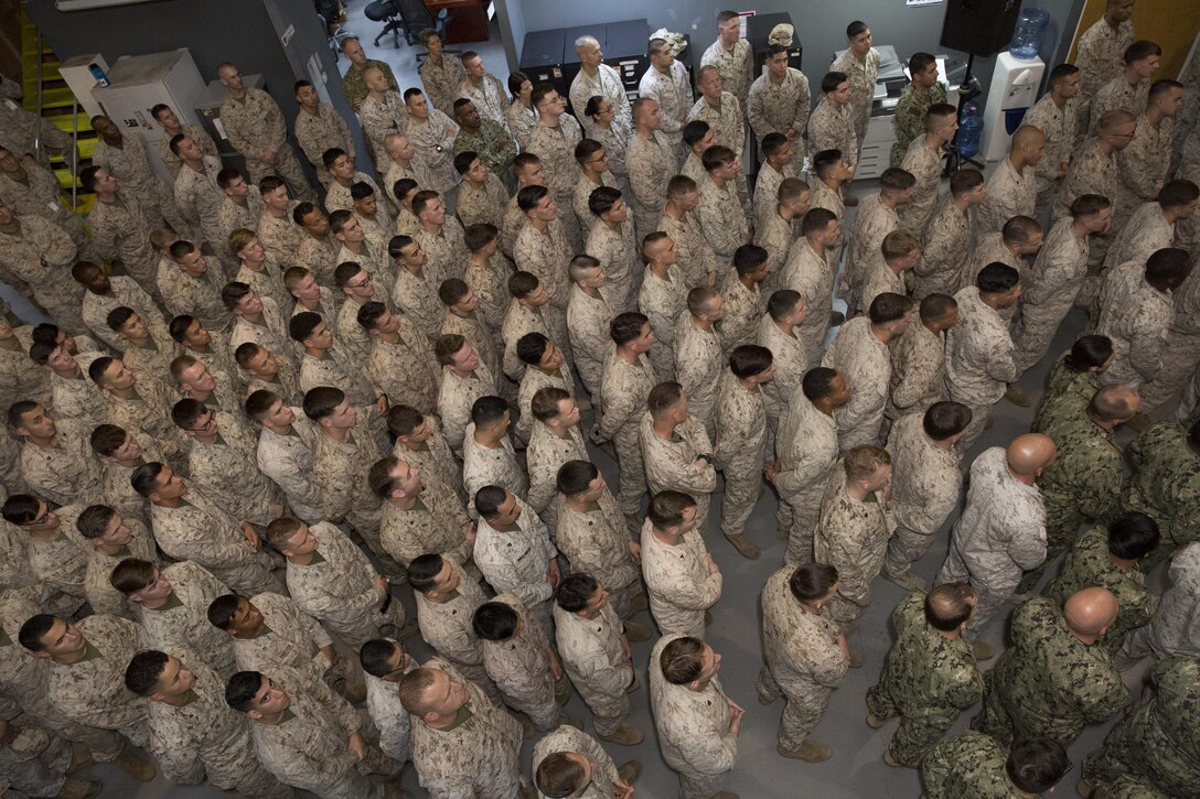 U.S. Marine Corps Gen. Glenn M. Walters, 34th assistant commandant of the Marine Corps, visits Marines deployed overseas for the Thanksgiving holiday, Marine Corps Central Command, November 22, 2016. Walters spoke to the Marines on current events in the Corps and answered their questions. (U.S. Marine Corps photo by Lance Cpl. Hailey D. Clay)