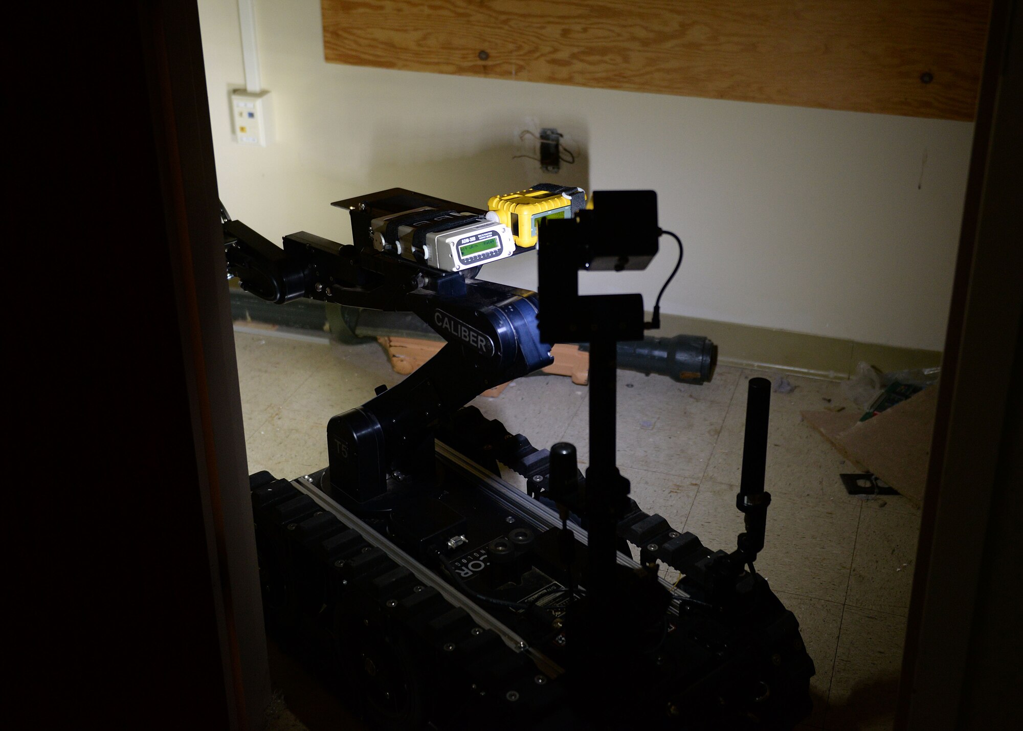 “Cali”, an ICOR CALIBER T5 robot, belonging to the 97th Civil Engineer Squadron, detects for radiological threats during a radiological threat exercise, Dec. 6, 2016, at Altus Air Force Base, Oklahoma. The exercise was a multiple day event, testing the response procedures of multiple squadrons during a simulated active shooter and radiological threat exercise. The Air Force implements exercises to prepare Airmen for real world events. (U.S. Air Force photo by Airman 1st Cody Dowell/released)