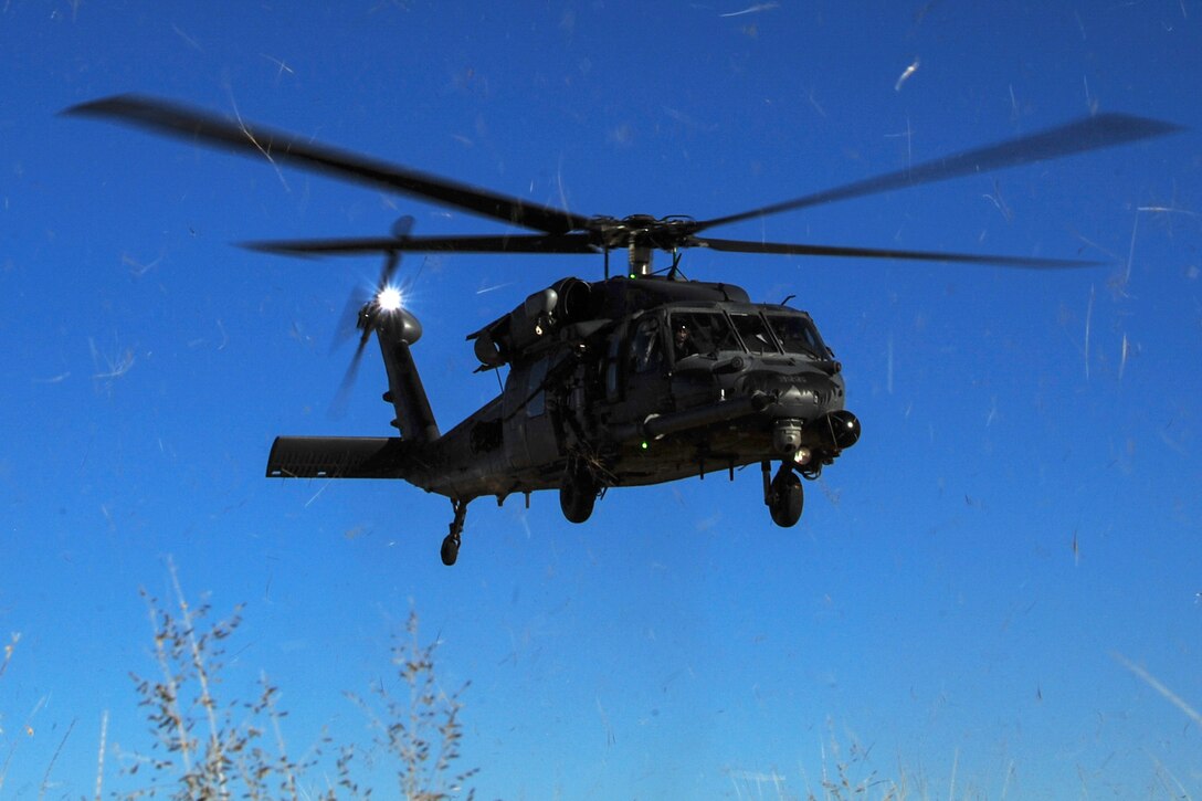 An Air Force HH-60G Pave Hawk helicopter takes off after loading simulated survivors from a simulated plane crash during a mass casualty exercise as part of Razor’s Edge 2016 at Fort Huachuca, Ariz., Dec. 8, 2016. The helicopter crew is assigned to the 55th Rescue Squadron. Air Force photo by Senior Airman Chris Drzazgowski