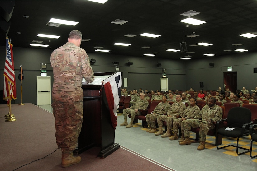 Army Col. Thomas W. Seifert, director of the 1st Human Resources Sustainment Center, speaks to the Soldiers of the 1st HRSC and the 14th HRSC during the transfer of authority ceremony, Dec. 6, 2016 at Camp As Sayliyah, Qatar.