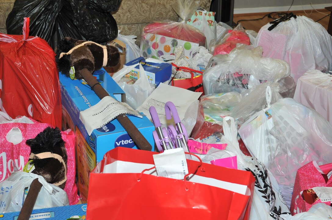 Gifts waiting to be organized following delivery by Goodfellow Air Force Base members to the Court Appointed Special Advocates for Children center, San Angelo, Texas, Dec. 8, 2016. The toys will help 340 children in emergency foster care have a merry Christmas. (U.S. Air Force photo by Staff Sgt. Laura R. McFarlane/Released)