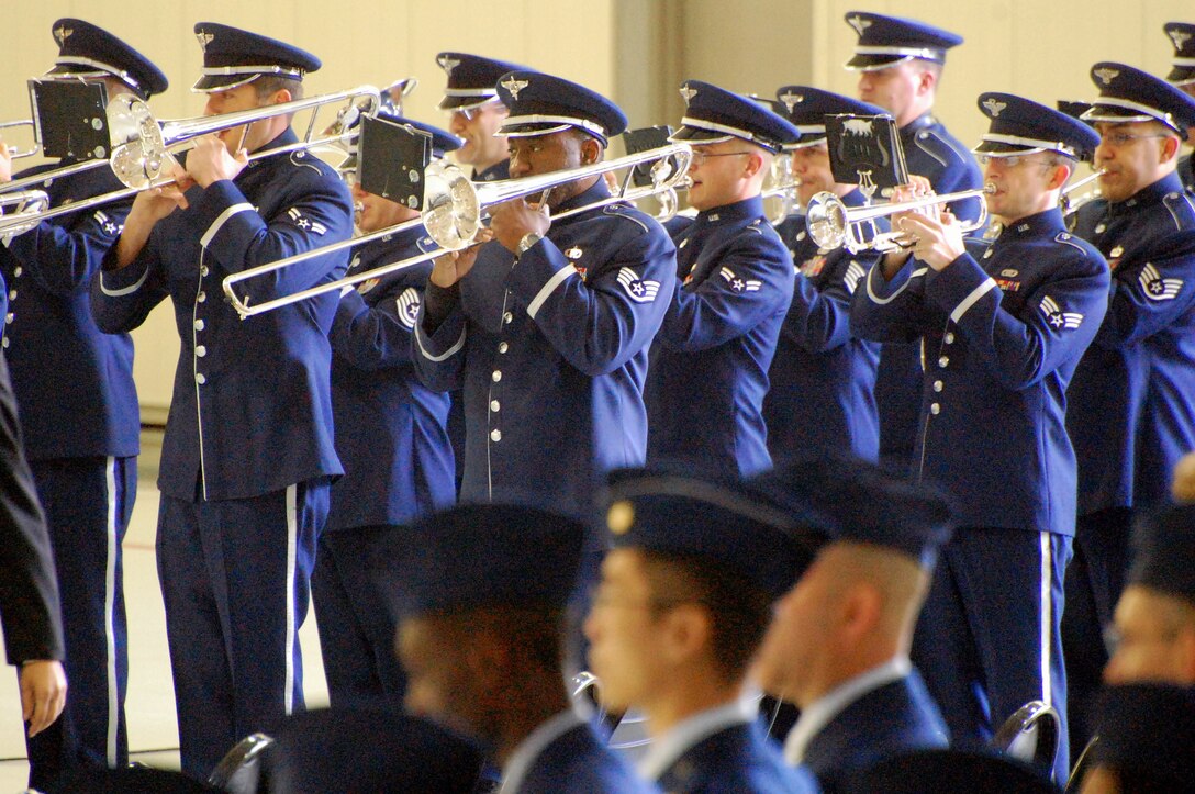 Members of the U.S. Air Force Heritage of America Band perform at the recent Air Combat Command Change of Command Ceremony at Joint Base Langley-Eustis, Virginia.  (U.S. Air Force photo - released)