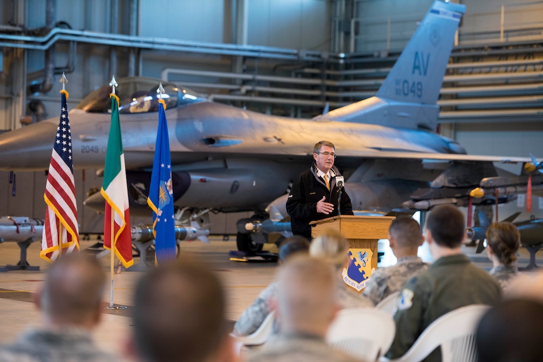 Defense Secretary Ash Carter speaks to airmen at Aviano Air Base, Italy.