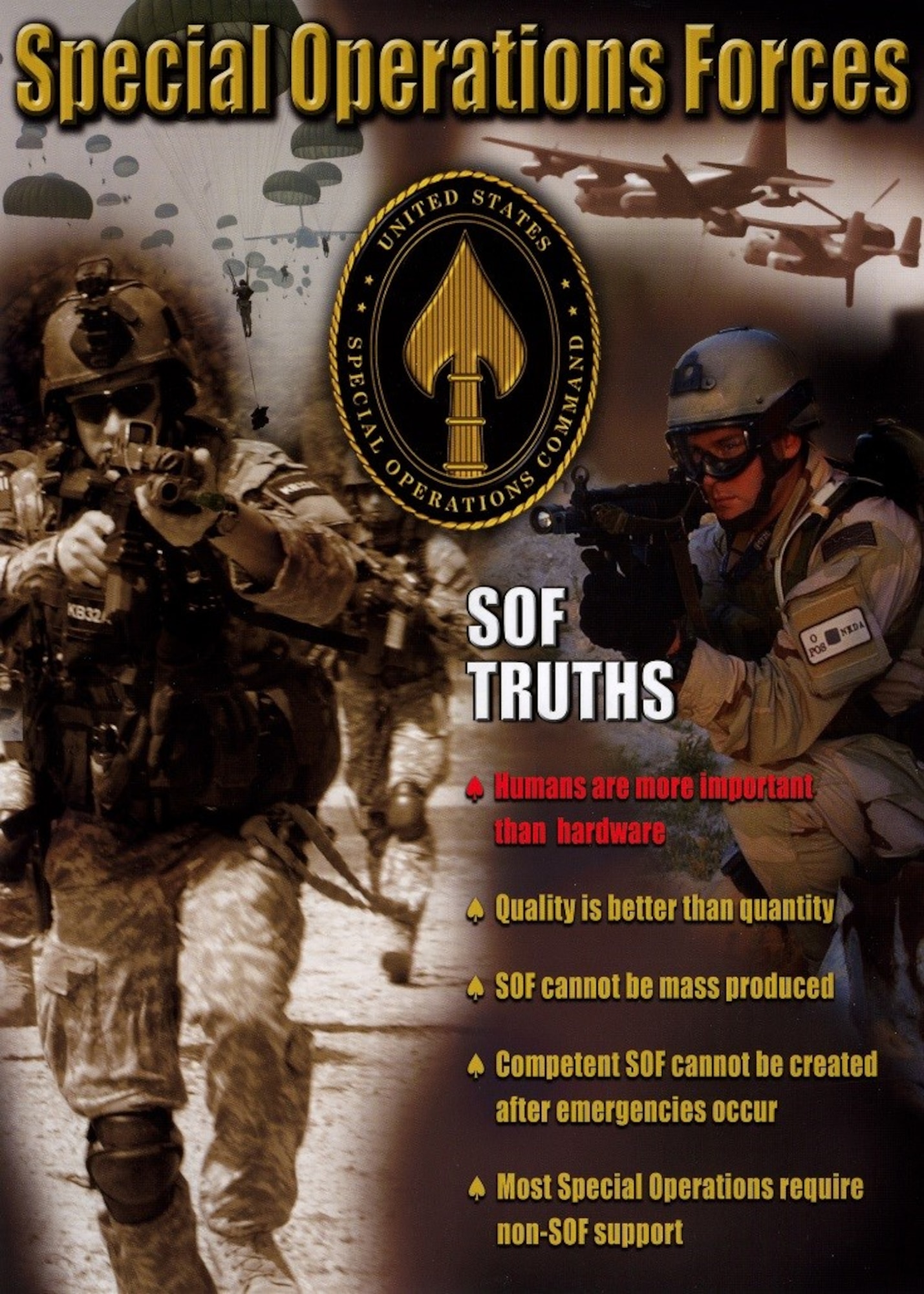 The five U.S. Special Operations Forces Truths.  The U.S. Air Force Weapons School Integration phase provides an unparalleled opportunity to train to the fifth SOF Truth, Most Special Operations require non-SOF support. (Courtesy U.S. Air Force graphic)