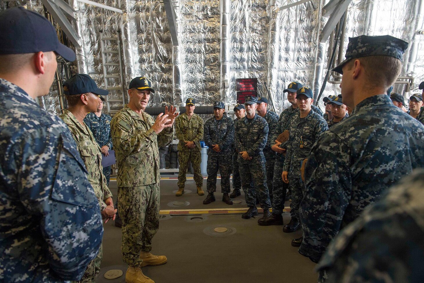 Vice Chief of Naval Operations Adm. William Moran answers questions during an all-hands call aboard littoral combat ship USS Coronado (LCS 4), Dec. 13, 2016. Currently on a rotational deployment in support of the Asia-Pacific Rebalance, Coronado is a fast and agile warship tailor-made to patrol the region's littorals and work hull-to-hull with partner navies, providing 7th Fleet with the flexible capabilities it needs now and in the future. 