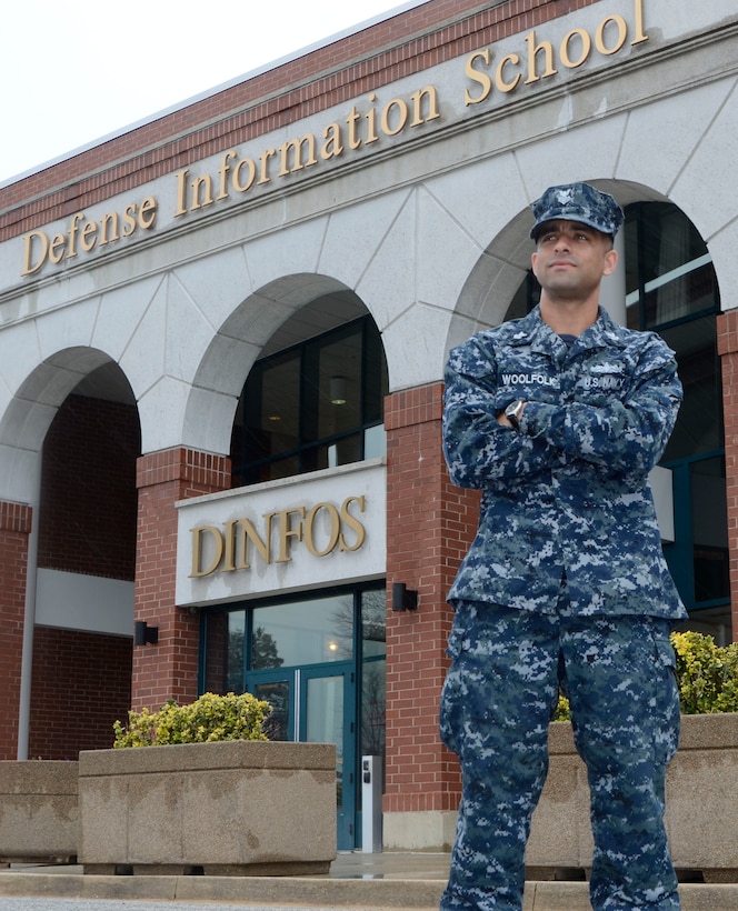 Navy Petty Officer 1st Class Steven Woolfolk was appointed in July 2016 as the antiterrorism officer of the Defense Information School on Fort Meade, Maryland. In his job, Woolfolk develops force protection training for the school. (Photo by Army Pvt. Elizabeth Williams)