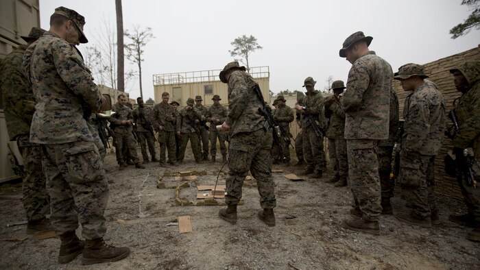 Marines with 2nd Battalion, 2nd Marine Regiment, 2nd Marine Division get briefed using a terrain model of a Military Operations Urban Terrain course at Marine Corps Base Camp Lejeune, N.C., Dec. 8th, 2016. MOUT is a combat course that allows Marines to train in an urban environment in which they secure buildings while taking simulated enemy fire. 