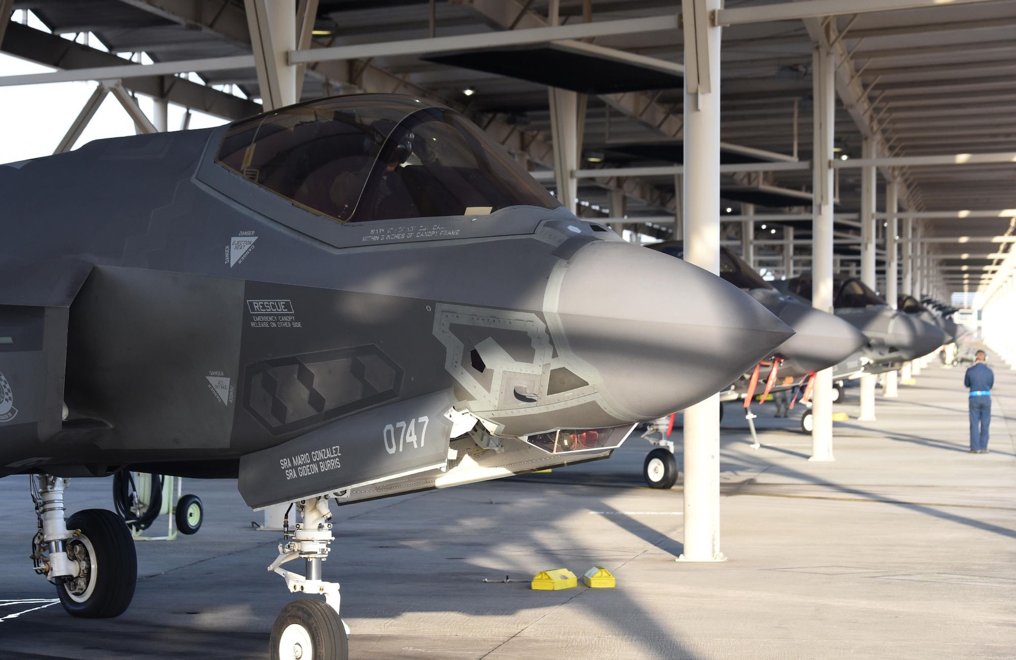 Several U.S. Air Force F-35A Lightning II aircraft from Eglin Air Force Base sit on the flightline during Checkered Flag 17-1 at Tyndall Air Force Base, Fla., Dec. 8, 2016. Six Eglin F-35As  and more than 90 personnel came to participate in the large-scale, total force exercise. (U.S. Air Force photo by Staff Sgt. Alex Fox Echols III/Released)