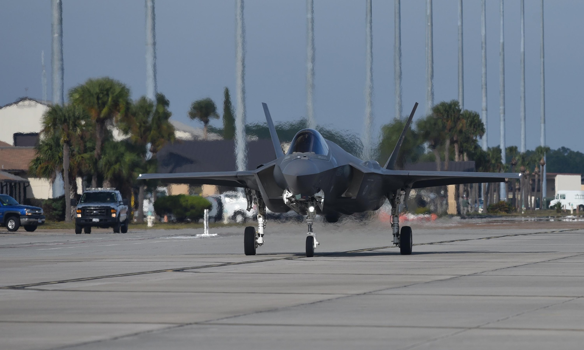 A U.S. Air Force F-35A Lightning II from Eglin Air Force Base taxis down the flightline before take-off during Checkered Flag 17-1 at Tyndall Air Force Base, Fla., Dec. 8, 2016. One of the main goals of Checkered Flag is to ensure integration and cohesion between all aircraft platforms and personnel during actual fighting integration in a real-world scenario. (U.S. Air Force photo by Staff Sgt. Alex Fox Echols III/Released)
