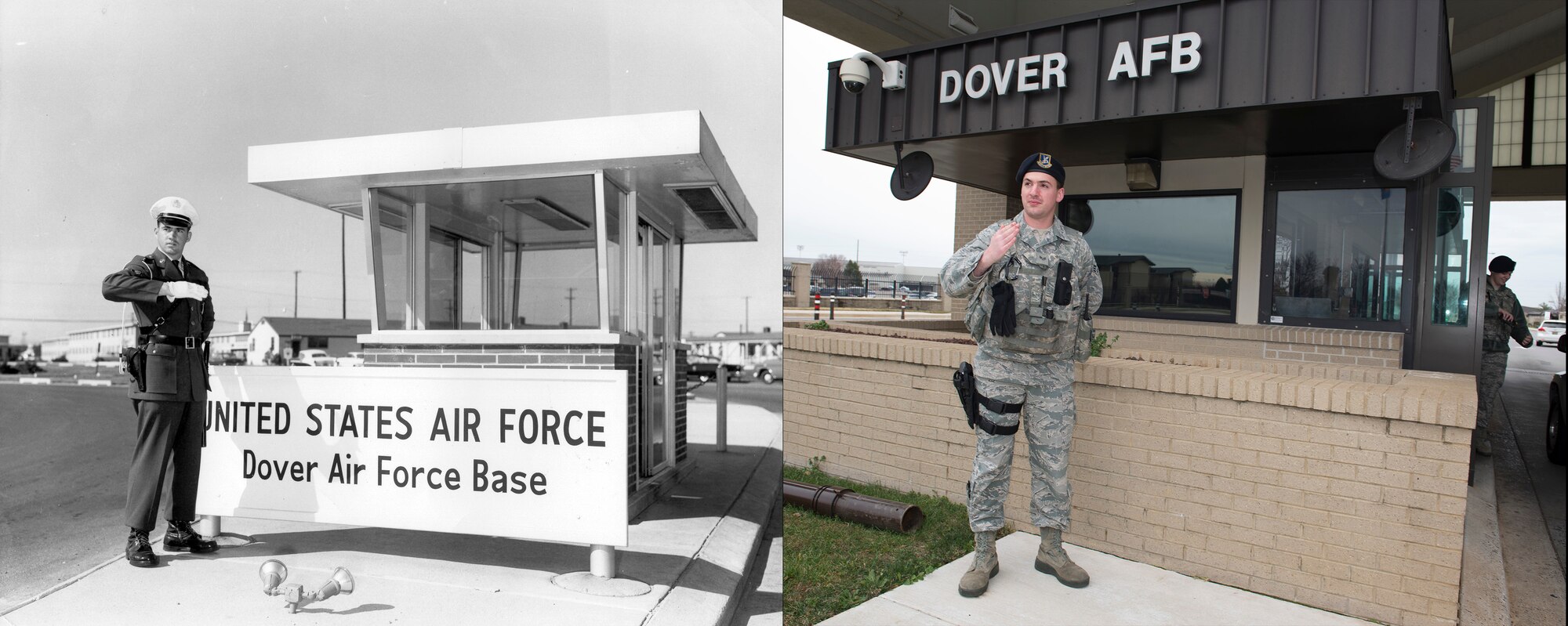 Circa 1960 versus 2016: The Dover Air Force Base main gate in 1960 with an Air Policeman versus the main in 2016 with Senior Airman Jordan Mehl, 436th Security Forces Squadron defender. (U.S. Air Force photo illustration by Senior Airman Zachary Cacicia)