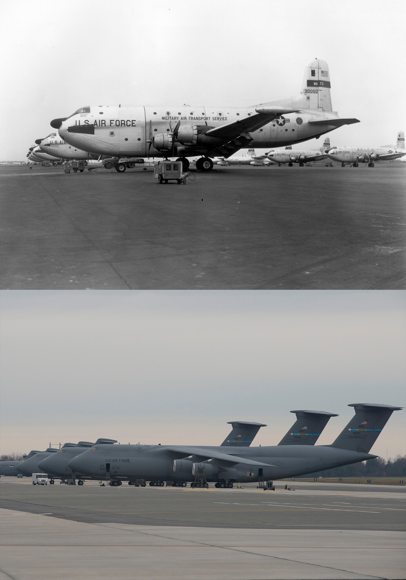Circa early 1960s versus 2016. C-124 Globemaster II and C-5M Super Galaxy airlifters on the flightline. (U.S. Air Force photo illustration by Senior Airman Zachary Cacicia)