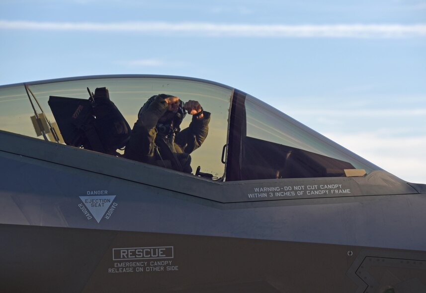A pilot from the 58th Fighter Squadron shows pride for the Squadron’s mascot, the Gorillas, before taking off to “fight” in exercise Checkered Flag Dec. 8, 2016, at Tyndall Air Force Base, Florida. The 33d Fighter Wing deployed six F-35A Lightning II and 95 personnel to Checkered Flag 17-1. Checkered Flag is a combat rehearsal where 15 aircraft platforms take to the skies to fly realistic and large-scale operations to prepare for contingency operations.  Specifically, this exercise tested the range of capabilities for the F-35A and the 33 FW student and instructor pilots, maintainers, air battle managers and intel by operating from two locations. (U.S. Air Force photo by Staff Sgt. Peter Thompson)
