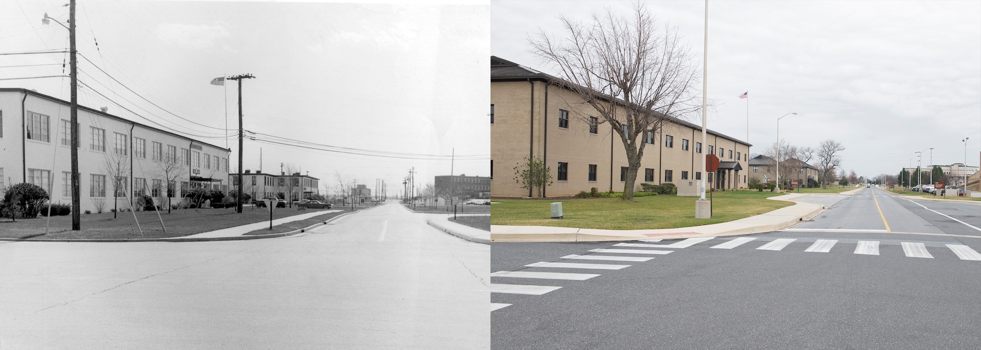 Circa 1970s versus 2016: A view down Eagle Way with the 436th Airlift Wing headquarters building on the left. (U.S. Air Force photo illustration by Senior Airman Zachary Cacicia)