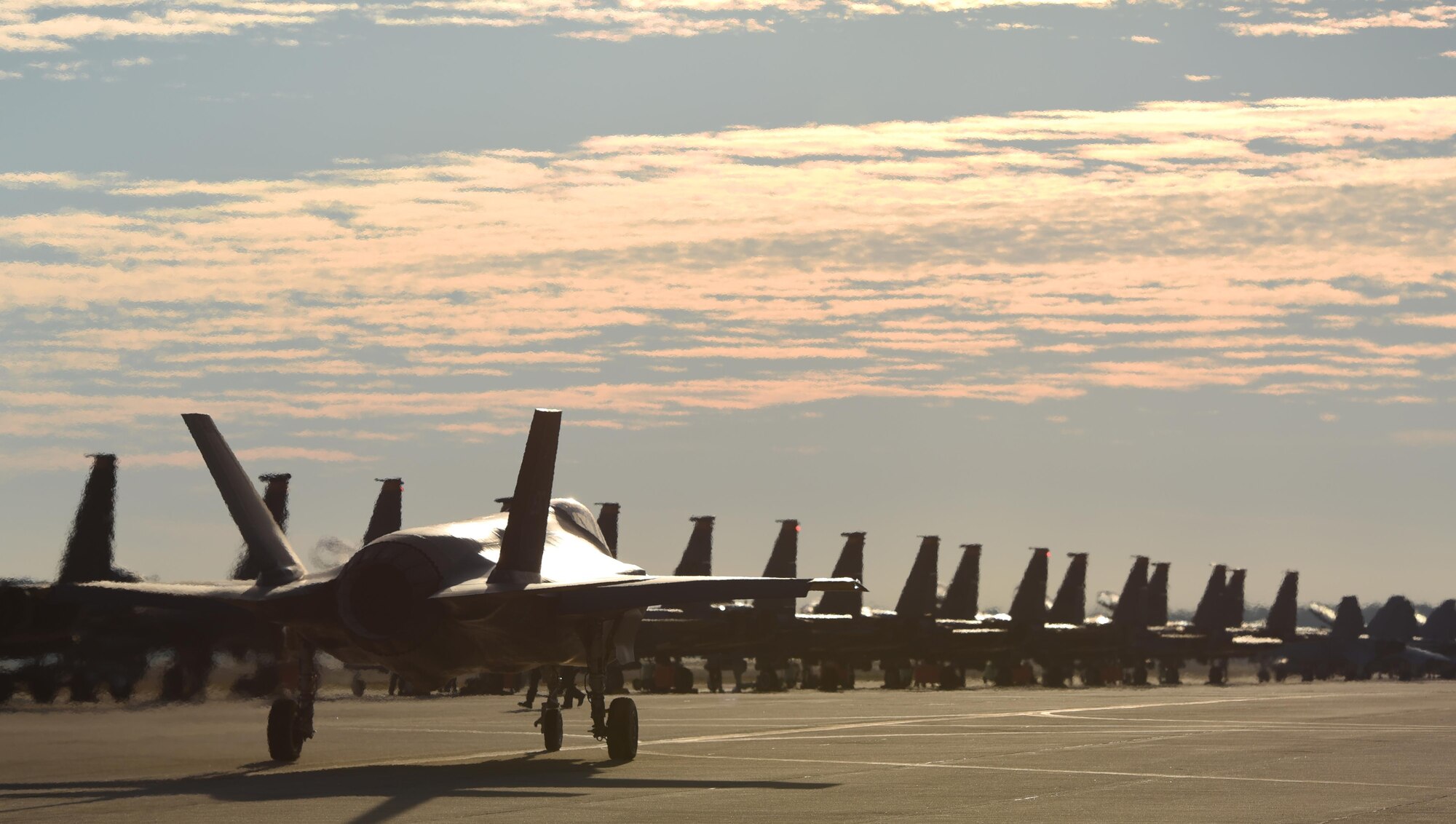 An F-35A Lightning II taxis before takeoff to participate in simulated defensive counter air operations Dec. 8, 2016, at Tyndall Air Force Base, Florida. The 33d Fighter Wing deployed six F-35A Lightning II and 95 personnel to Checkered Flag 17-1. Checkered Flag is a combat rehearsal where 15 aircraft platforms take to the skies to fly realistic and large-scale operations to prepare for contingency operations.  Specifically, this exercise tested the range of capabilities for the F-35A and the 33 FW student and instructor pilots, maintainers, air battle managers and intel by operating from two locations. (U.S. Air Force photo by Staff Sgt. Peter Thompson)