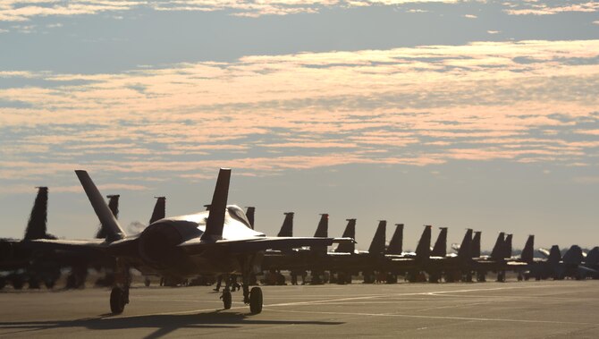 An F-35A Lightning II taxis before takeoff to participate in simulated defensive counter air operations Dec. 8, 2016, at Tyndall Air Force Base, Florida. The 33d Fighter Wing deployed six F-35A Lightning II and 95 personnel to Checkered Flag 17-1. Checkered Flag is a combat rehearsal where 15 aircraft platforms take to the skies to fly realistic and large-scale operations to prepare for contingency operations.  Specifically, this exercise tested the range of capabilities for the F-35A and the 33 FW student and instructor pilots, maintainers, air battle managers and intel by operating from two locations. (U.S. Air Force photo by Staff Sgt. Peter Thompson)