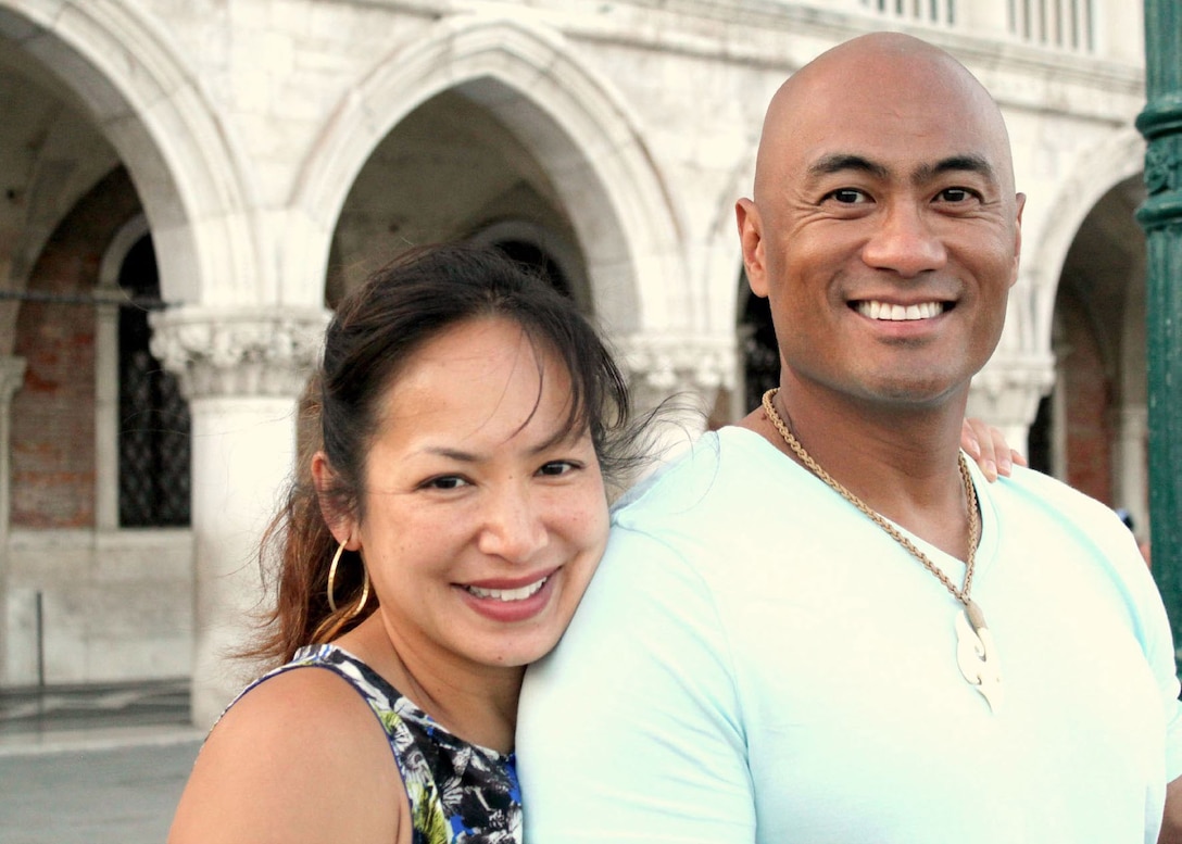 U.S. Air Force Lt. Col. Lt. Col. Melchizedek “Kato” Martinez poses with his wife, Gail, during a family vacation to Venice, Italy. The Martinez family’s life was forever changed March 22, 2016, when Gail was tragically killed during the Brussels Airport bombing. (Courtesy photo)