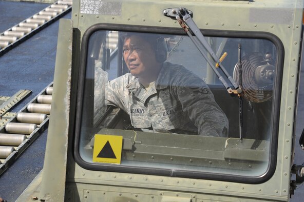 U.S. Air Force Staff Sgt. Nelson Dacanay, air transportation specialist with the Air Force Reserve's 44th Aerial Port Squadron, drives the 60K loader loaded with Christmas boxes as part of the 65th Operation Christmas Drop at Andersen Air Force Base, Guam, Dec. 7, 2016. Operation Christmas Drop is the longest running humanitarian airlift operation in the history of the Department of Defense, impacting the lives of more than 20,000 islanders. The people of the Micronesian islands can expect to see service members aboard a C-130 Hercules drop a box, attached to a parachute, filled with rice, fish hooks, educational materials, clothing and toys. The 44th Aerial Port Squadron supports the 624th Regional Support Group's mission to deliver mission essential capability through combat readiness, quality management and peacetime deployments in the Pacific area of responsibility. (U.S. Air Force photo by Master Sgt. Theanne Herrmann)