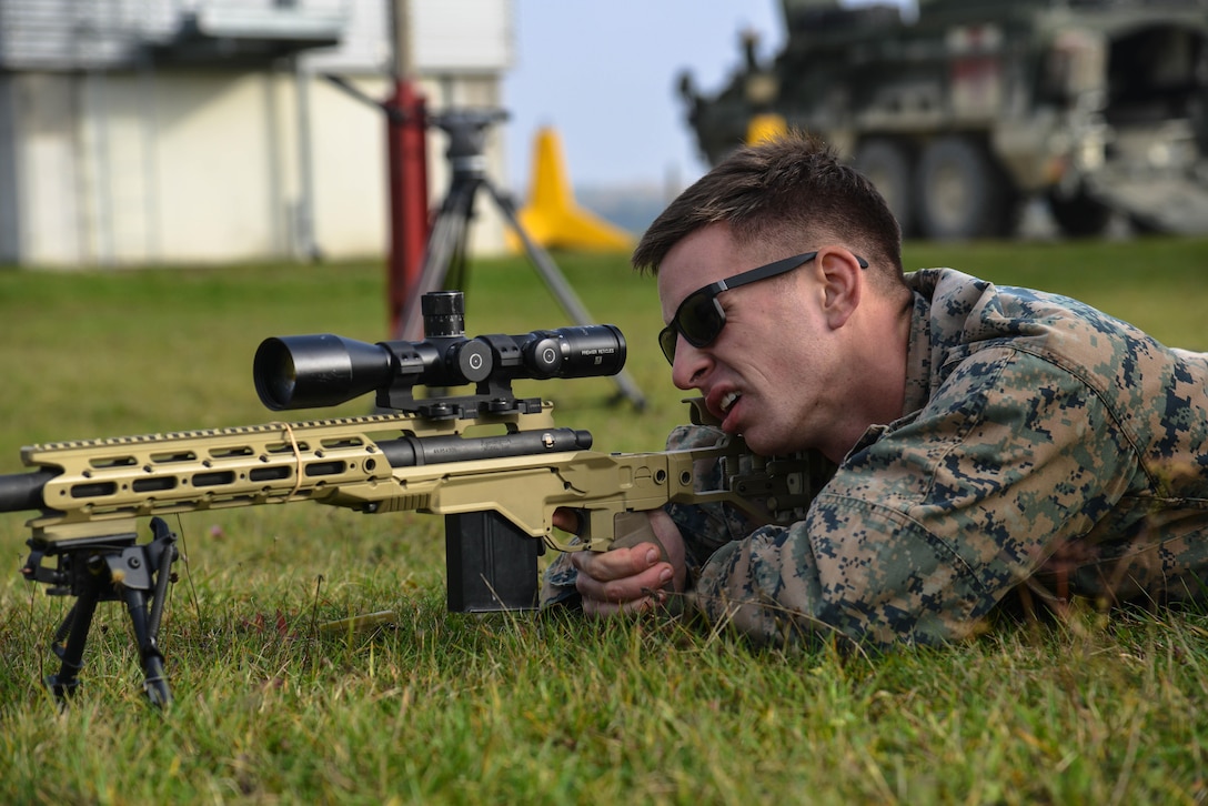 A Marine engages his target during the Day Shot event as part of the European Best Sniper Squad Competition at the 7th Army Training Command's Grafenwoehr training area in Germany, October 2016. Army photo by Spc. Sara Stalvey