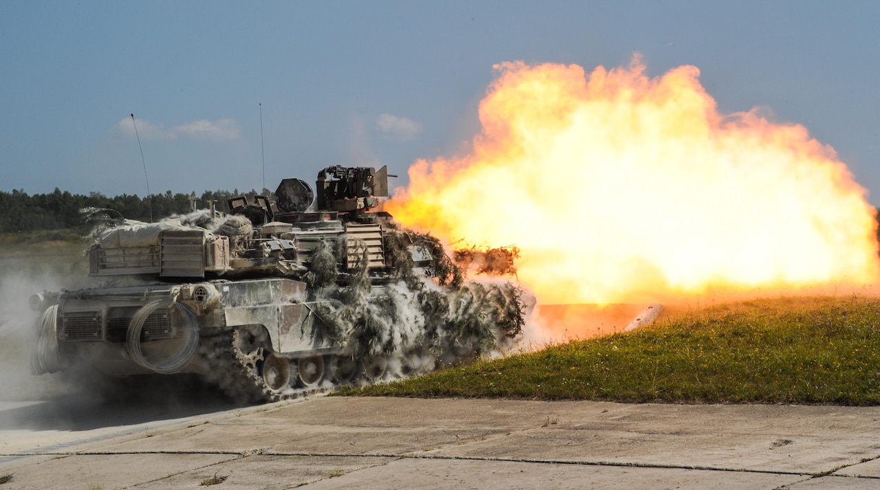 U.S. tankers fire the main gun of an Abrams tank during exercise Combined Resolve VII at the 7th Army Training Command in Grafenwoehr, Germany in August 2016.  Army photo by Visual Information Specialist Markus Rauchenberger