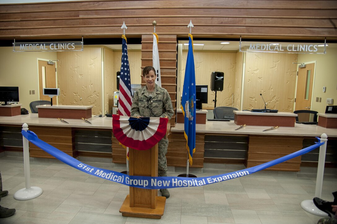 U.S. Air Force Col. Krystal Murphy, 51st Medical Group commander, gives her dedication remarks during the 51st Medical Group Phase One Hospital Expansion ribbon-cutting ceremony on Osan Air Base, Republic of Korea, Dec. 12, 2016. Phase one of the expansion is one of four expansions that are due to be complete in 2018. (U.S. Air Force photo by Staff Sgt. Jonathan Steffen)