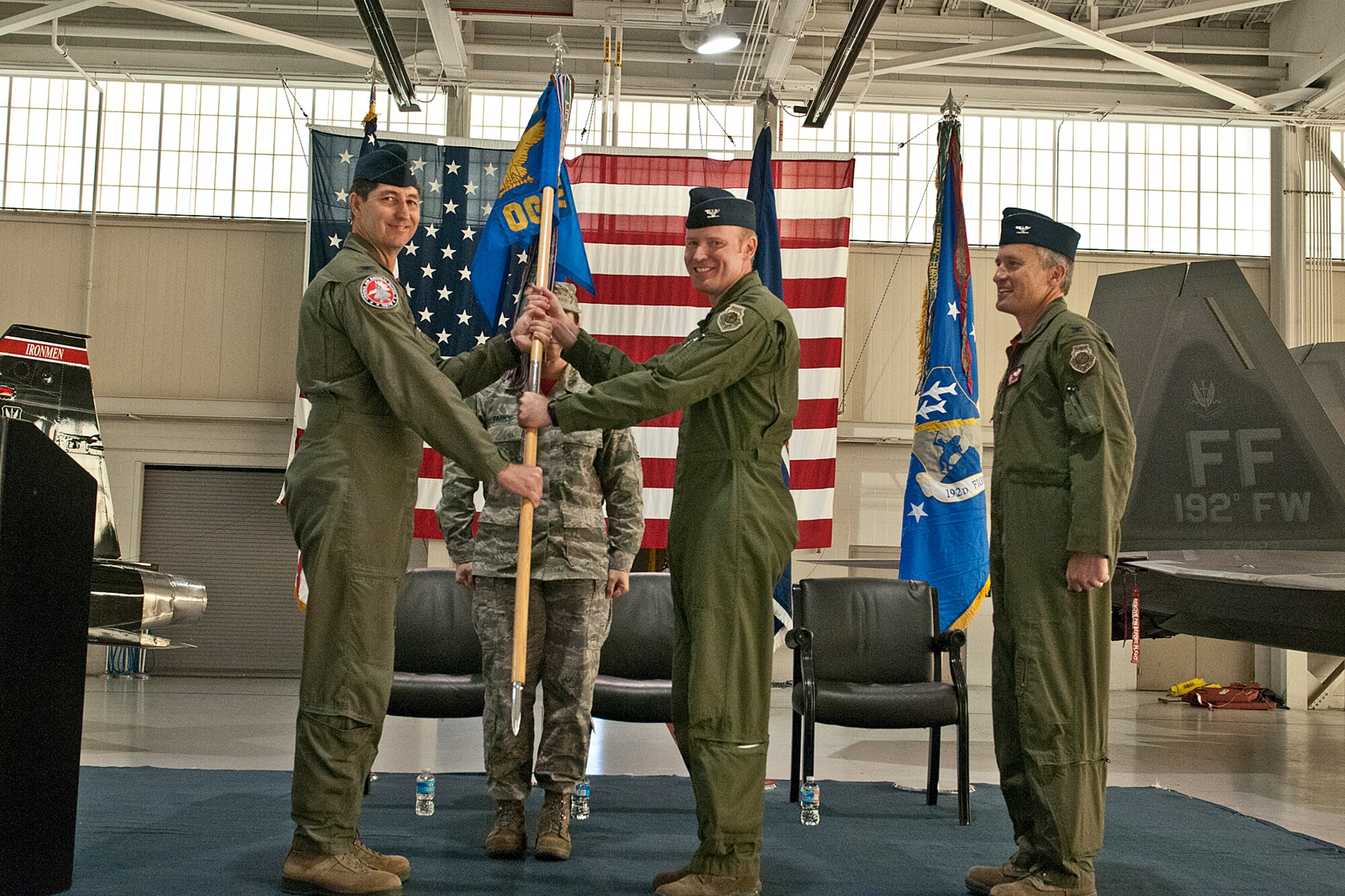 The Virginia Air National Guard 192nd Fighter Wing welcomed Col. Bryan “Coho” Salmon as the new 192nd Operations Group commander during a change of command ceremony at Joint Base Langley-Eustis, Virginia, Nov. 20, 2016. (U.S. Air National Guard photo by Senior Airman Johnisa B. Roberts)