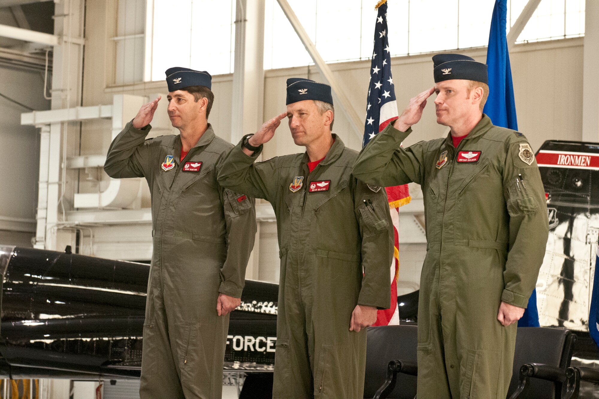 The Virginia Air National Guard 192nd Fighter Wing welcomed Col. Bryan “Coho” Salmon as the new 192nd Operations Group commander during a change of command ceremony at Joint Base Langley-Eustis, Virginia, Nov. 20, 2016. (U.S. Air National Guard photo by Senior Airman Johnisa B. Roberts)